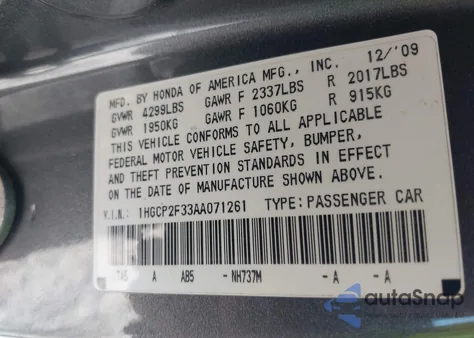 2010 Honda Accord 2.4 Lx from USA, damaged, VIN 1HGCP2F33AA071261